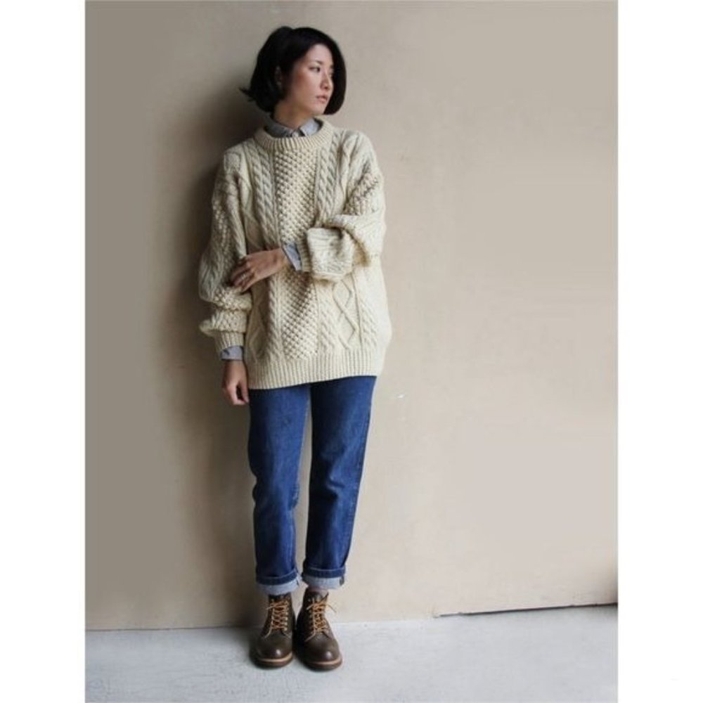 vintage john molloy knitted wool sweater corded detail cream off white medium